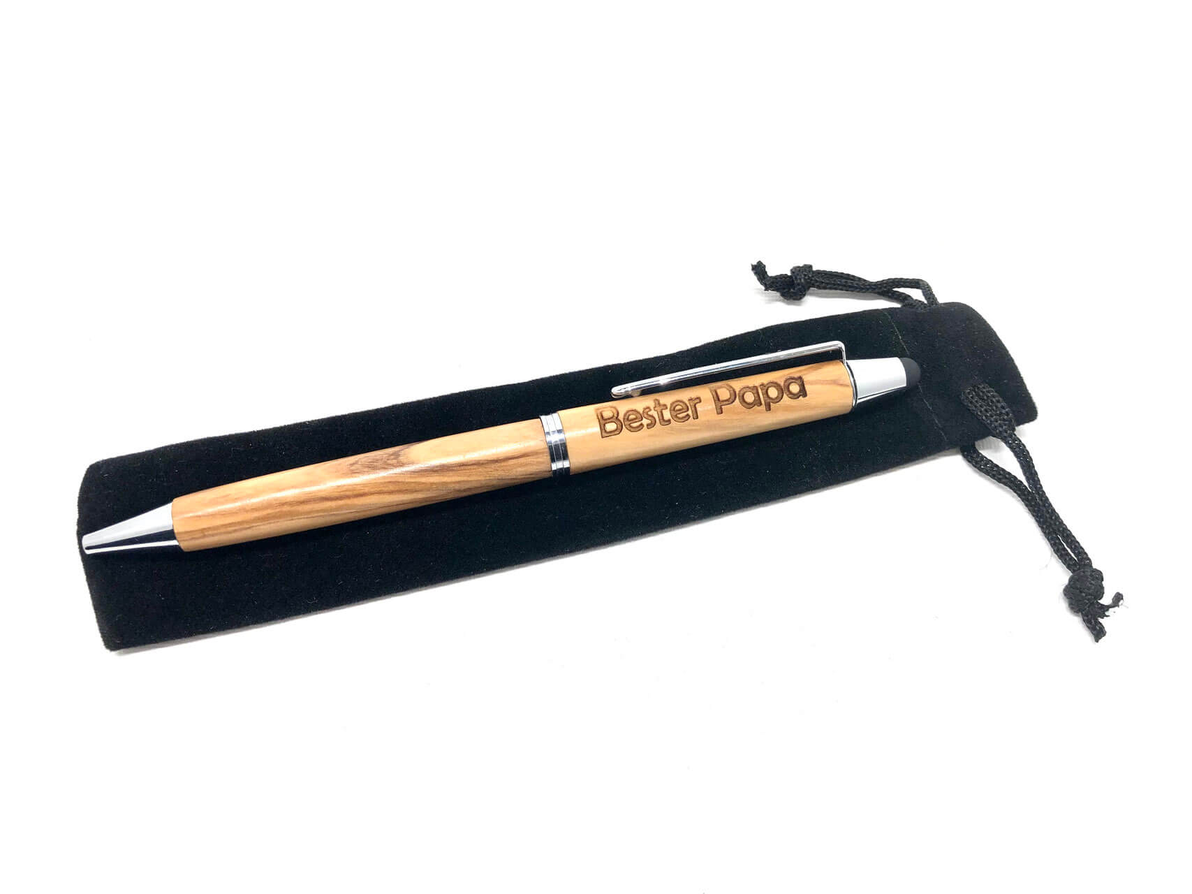 Kugelschreiber aus Olivenholz mit Gravur und Samt Etui