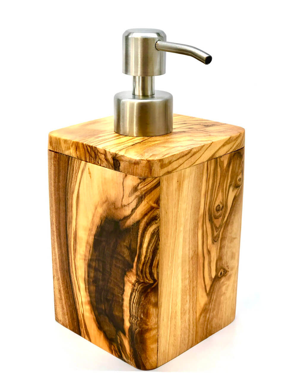 Seifenspender aus Olivenholz mit Aluminium Pumpmechanismus