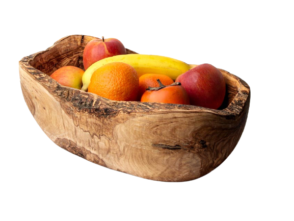 Rustikale Obstschale aus Olivenholz mit Obst und Gemüse