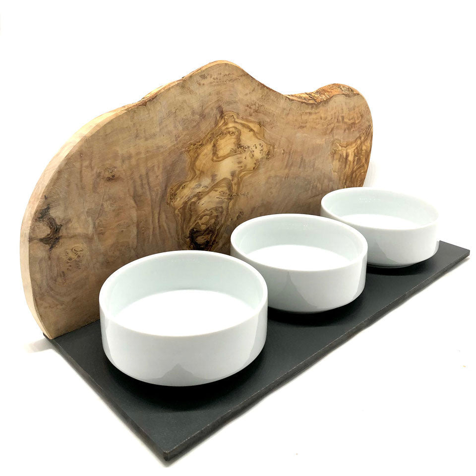 Futterstation "Cats only" Trio Mountain mit Porzellanschalen aus Olivenholz 3x400ml
