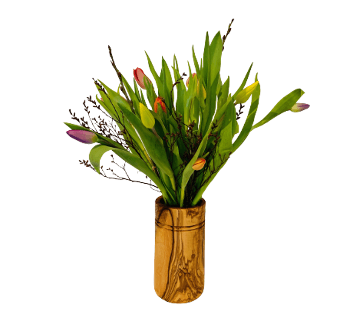 Schicke Blumenvase aus Olivenholz mit Blumenstrauß