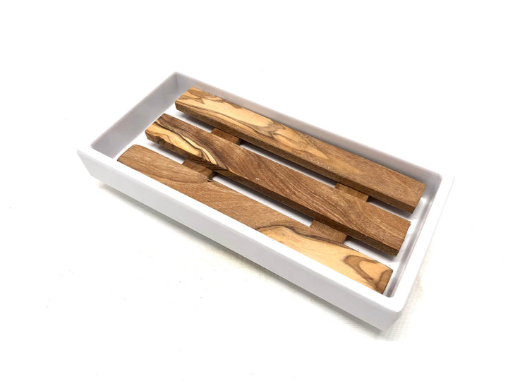 Große Melamin Seifenschale mit Olivenholz Inlay