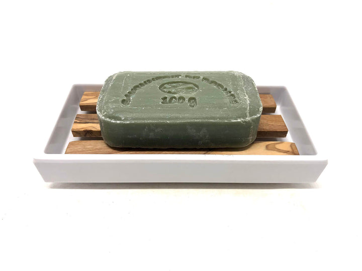 Große Melamin Seifenschale mit Olivenholz Inlay und Seifenstück