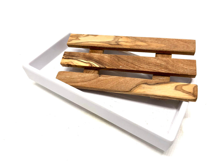 Große Melamin Seifenschale mit Olivenholz Inlay