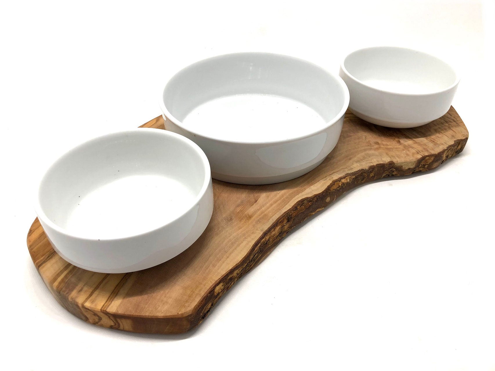 Rusty Trio feeding station made of olive wood with porcelain bowls