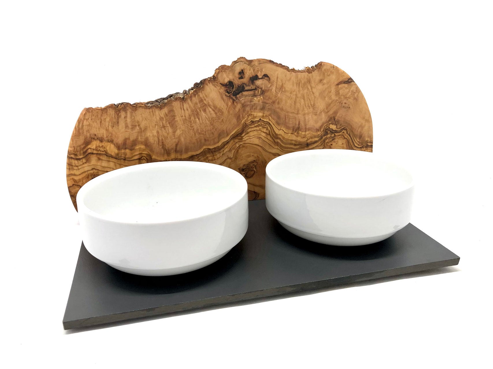 Feeding station "Cats only" Duo Mountain with porcelain bowls made of olive wood 2x400ml