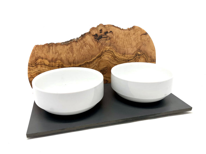 Feeding station "Cats only" Duo Mountain with porcelain bowls made of olive wood 2x400ml