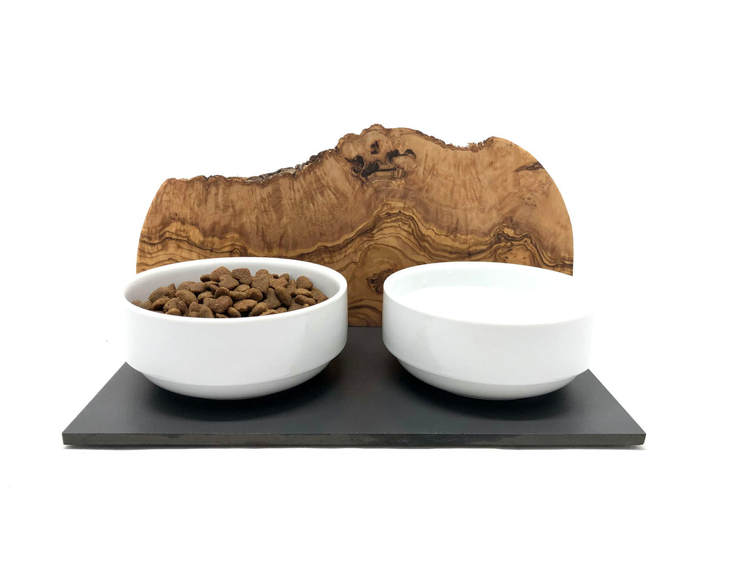 Feeding station "Cats only" Duo Mountain with porcelain bowls made of olive wood 2x400ml