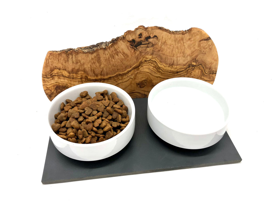 Feeding station "Cats only" Duo Mountain with porcelain bowls made of olive wood 2x400ml