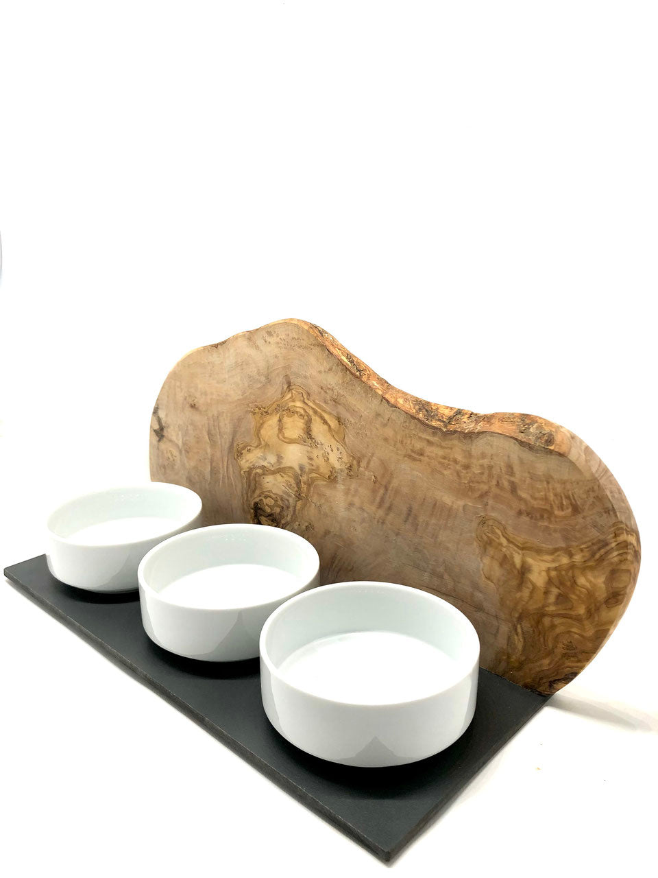Feeding station "Cats only" Trio Mountain with porcelain bowls made of olive wood 3x400ml