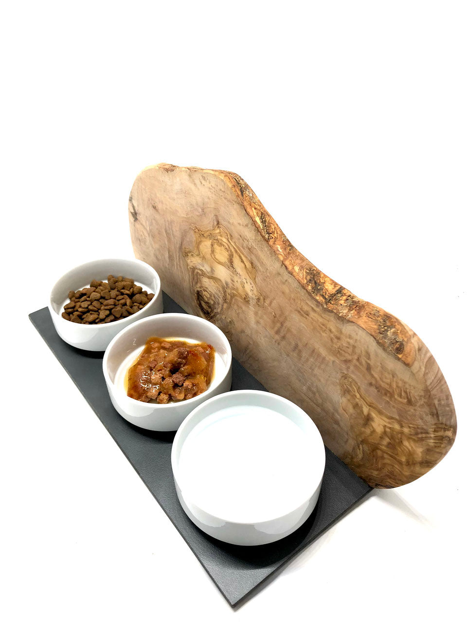 Feeding station "Cats only" Trio Mountain with porcelain bowls made of olive wood 3x400ml