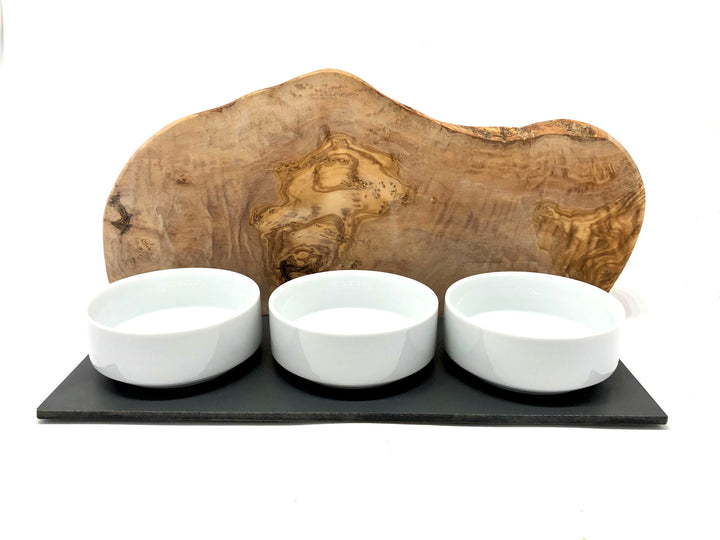 Feeding station "Cats only" Trio Mountain with porcelain bowls made of olive wood 3x400ml