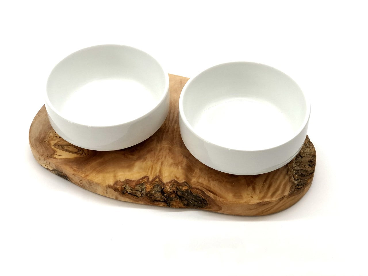Dog feeding station made of olive wood with two porcelain bowls 2x400ml