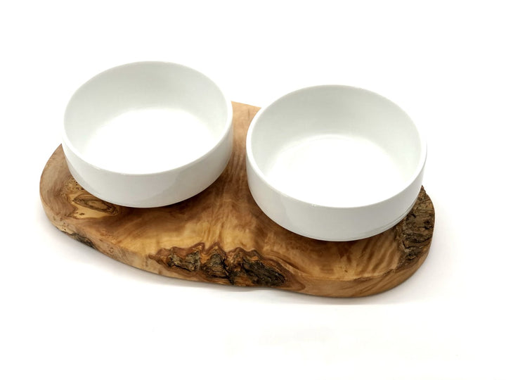 Dog feeding station made of olive wood with two porcelain bowls 2x400ml