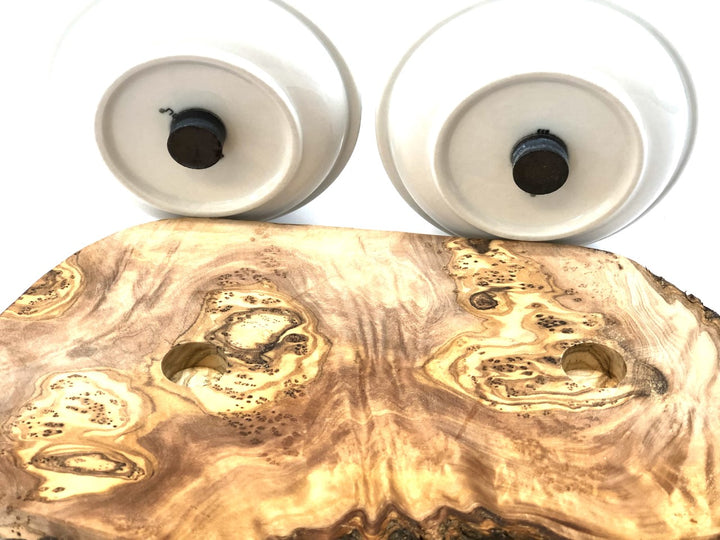 Dog feeding station made of olive wood with two porcelain bowls 2x400ml