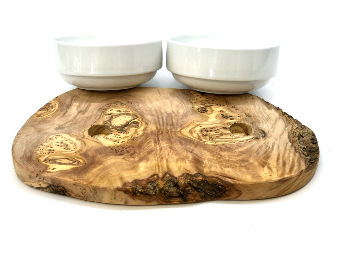 Dog feeding station made of olive wood with two porcelain bowls 2x400ml