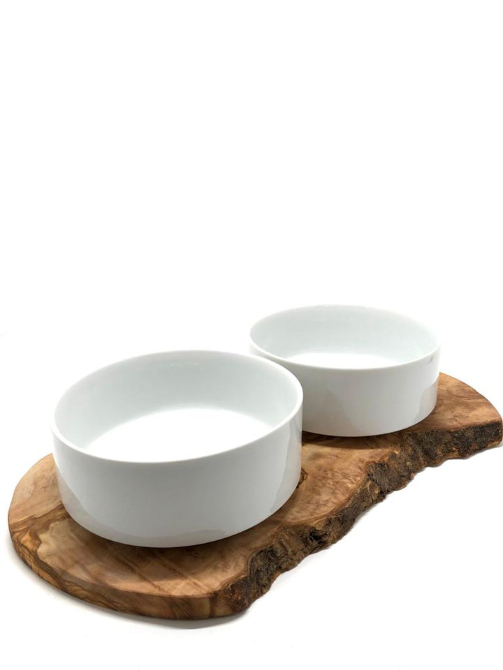 Dog feeding station made of olive wood with two porcelain bowls 2x1500ml
