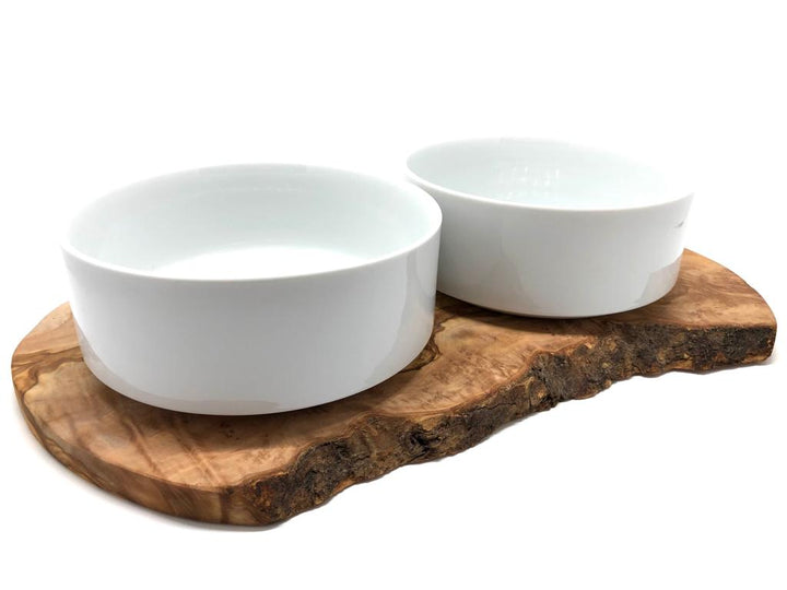Dog feeding station made of olive wood with two porcelain bowls 2x1500ml