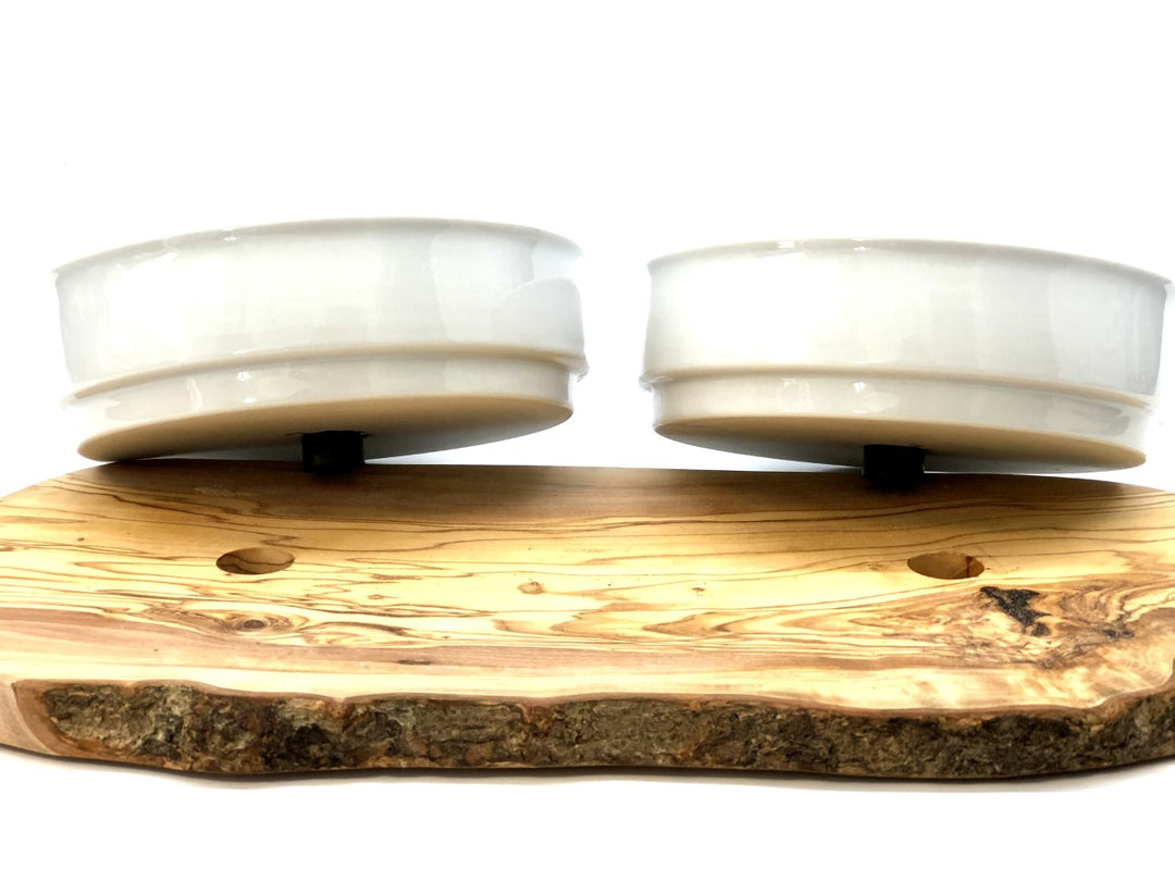 Dog feeding station made of olive wood with two porcelain bowls 2x1500ml