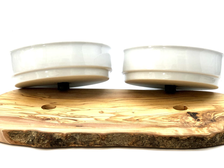 Dog feeding station made of olive wood with two porcelain bowls 2x1500ml