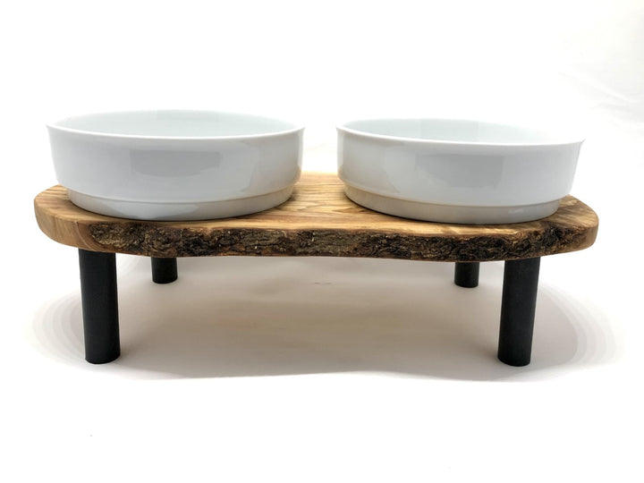 Raised rustic olive wood feeding station with two porcelain bowls 2x1500ml