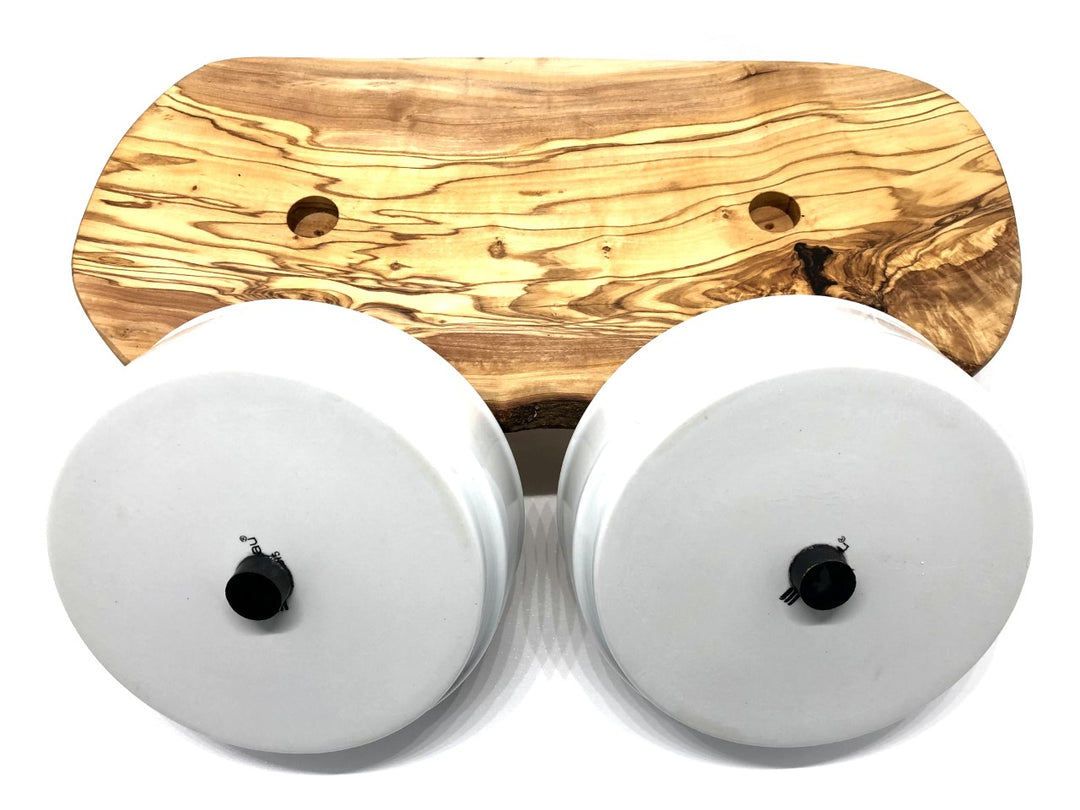 Raised rustic olive wood feeding station with two porcelain bowls 2x1500ml