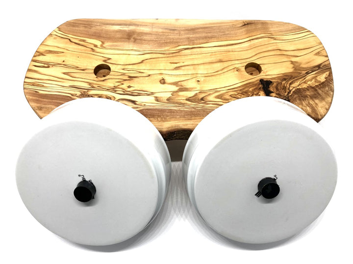 Raised rustic olive wood feeding station with two porcelain bowls 2x1500ml
