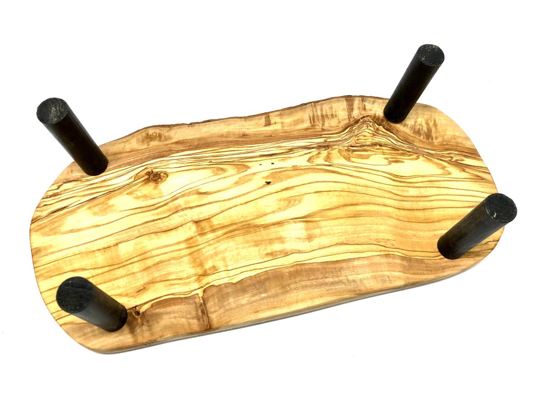 Raised rustic olive wood feeding station with two porcelain bowls 2x1500ml