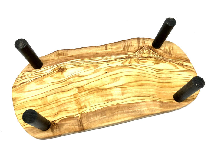 Raised rustic olive wood feeding station with two porcelain bowls 2x1500ml