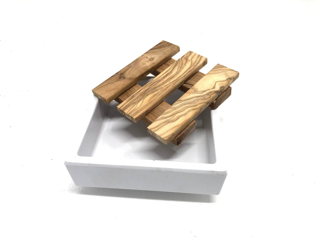 Kleine Melamin Seifenschale mit herausnehmbarem Olivenholz Inlay