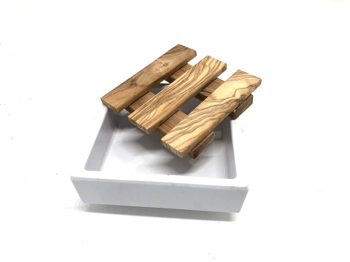 Kleine Melamin Seifenschale mit herausnehmbarem Olivenholz Inlay
