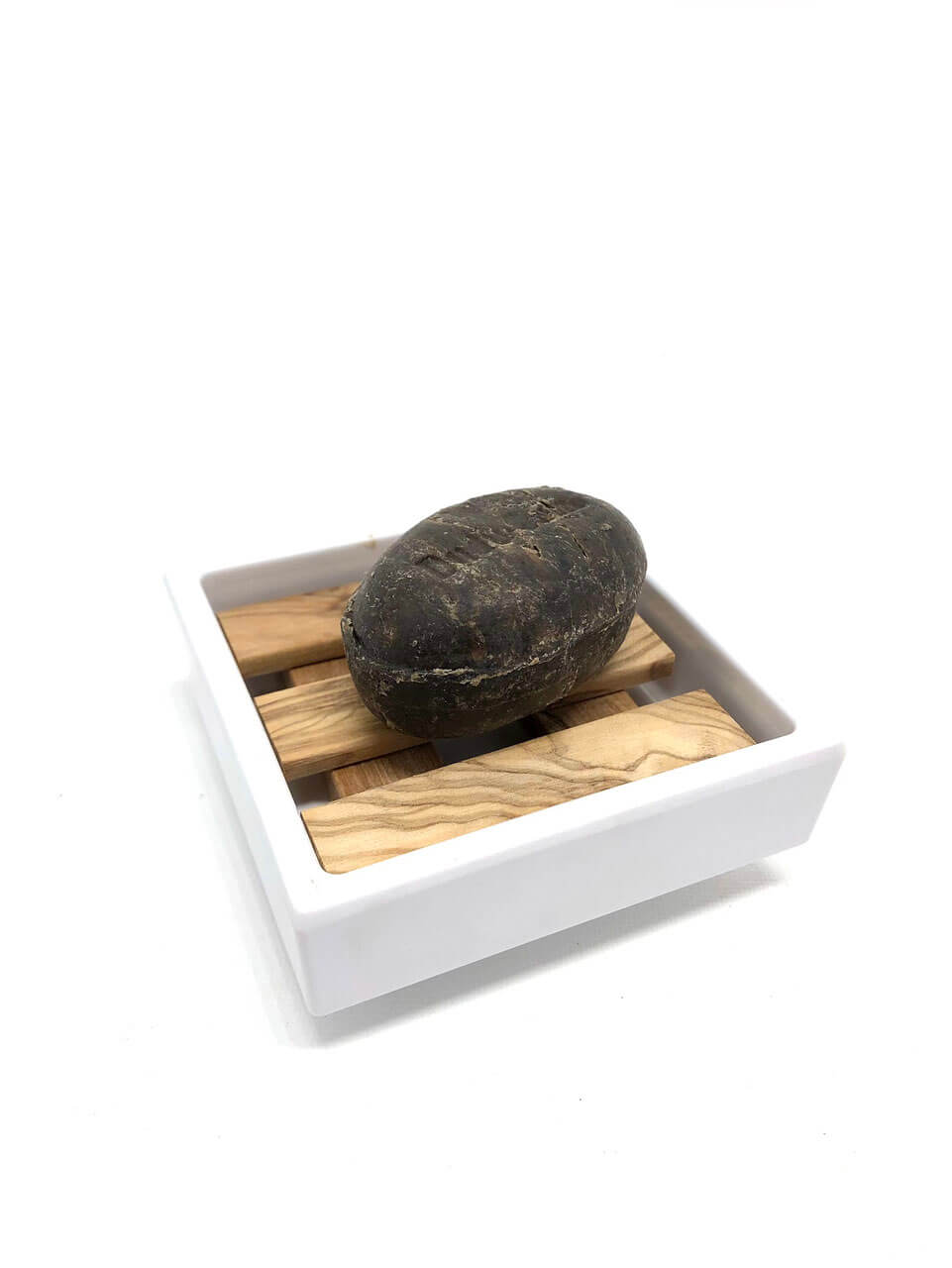Kleine Melamin Seifenschale mit Olivenholz Inlay und schwarzem Seifenstück