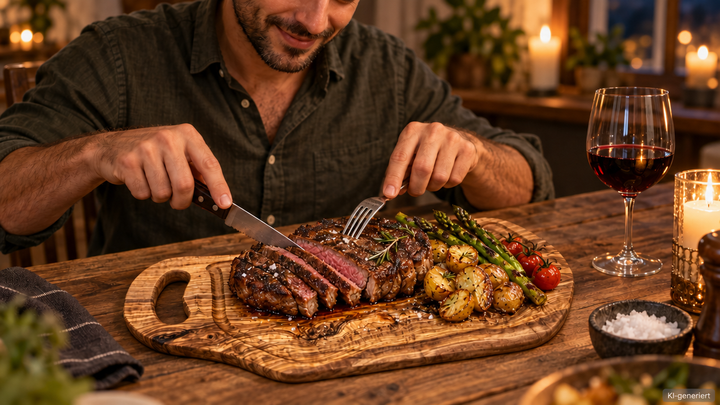 Steakbrett aus Olivenholz mit Saftrille und Henkel – Steak mit Beilagen und Gemüse serviert (KI-generiert)