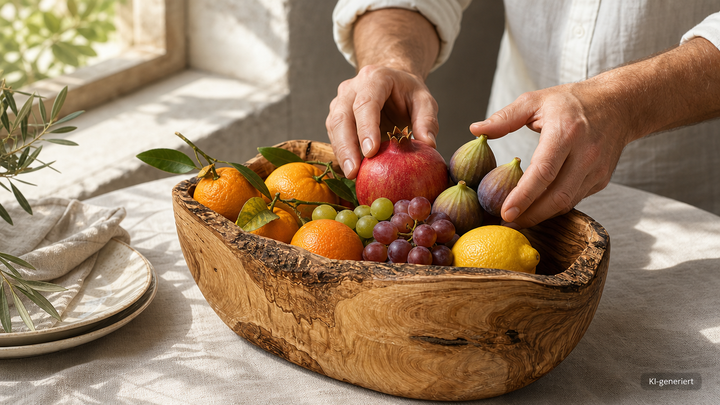 Holzschale aus Olivenholz mit Obst – Hände legen Granatapfel und Feigen hinein, Maserung im Detail (KI-generiert)