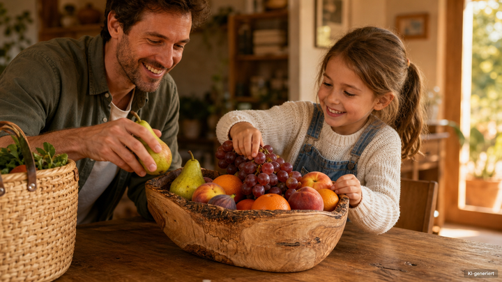Olivenholz-Obstschale auf dem Esstisch – Vater und Tochter füllen die Schale mit Trauben, Birnen und Pfirsichen (KI-generiert)