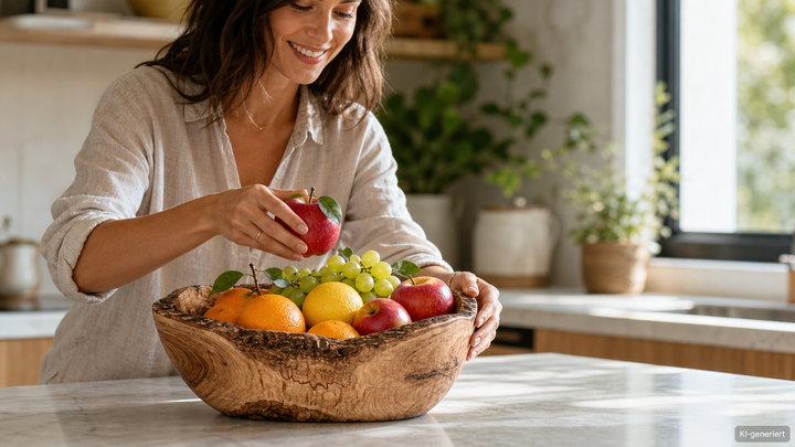 Obstschale aus Olivenholz in der Küche – Frau legt frische Äpfel in die gefüllte Holzschale (KI-generiert)