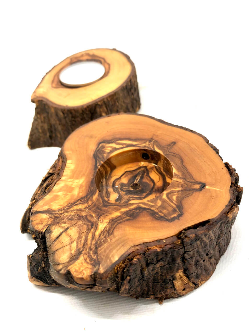 Rustikaler Teelichthalter Baumscheibe aus Olivenholz