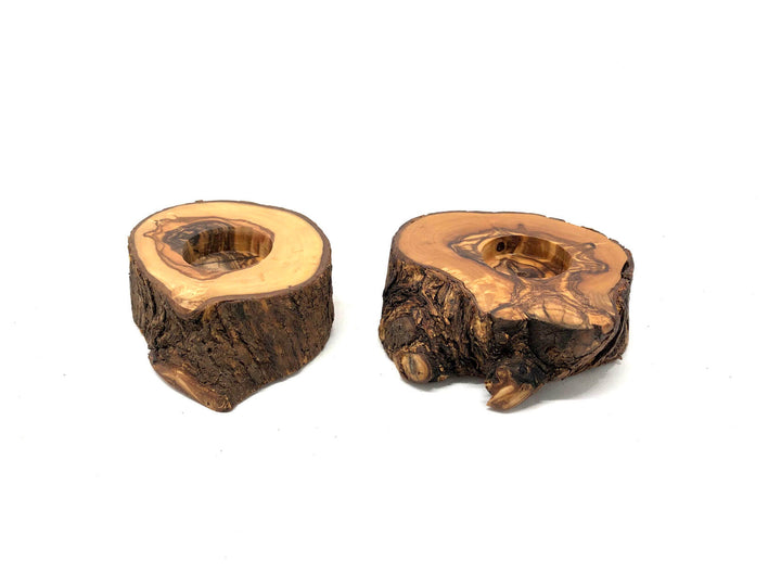 2er Set Rustikaler Teelichthalter Baumscheibe aus Olivenholz