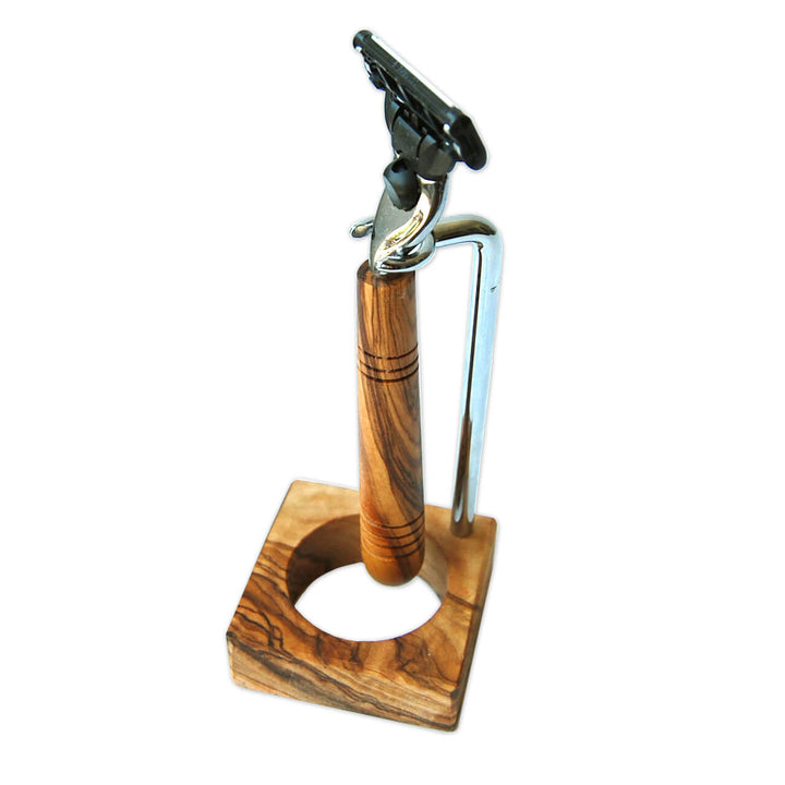 Halter für Nassrasierer aus Olivenholz und Edelstahl mit Nassrasierer