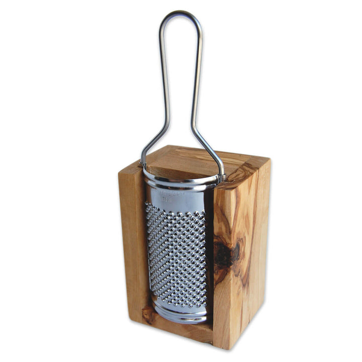 Hartkäsereibe mit Box aus Olivenholz und Reibe aus Edelstahl