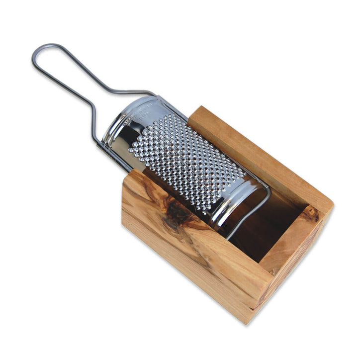 Hartkäsereibe mit Box aus Olivenholz und Reibe aus Edelstahl