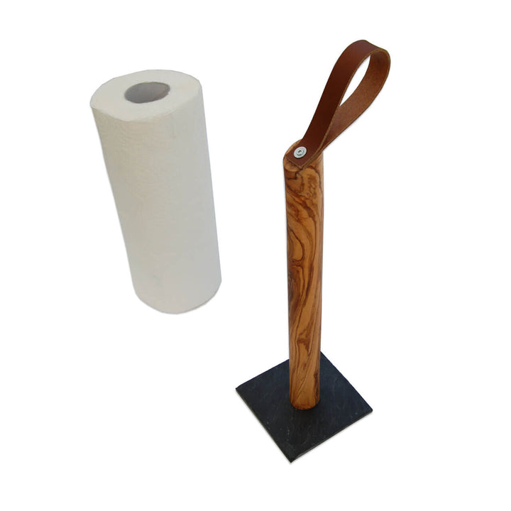 Küchenrollenhalter aus Olivenholz mit Lederschlaufe - Detailansicht