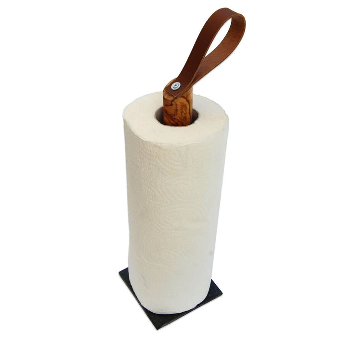 Küchenrollenhalter aus Olivenholz mit Lederschlaufe