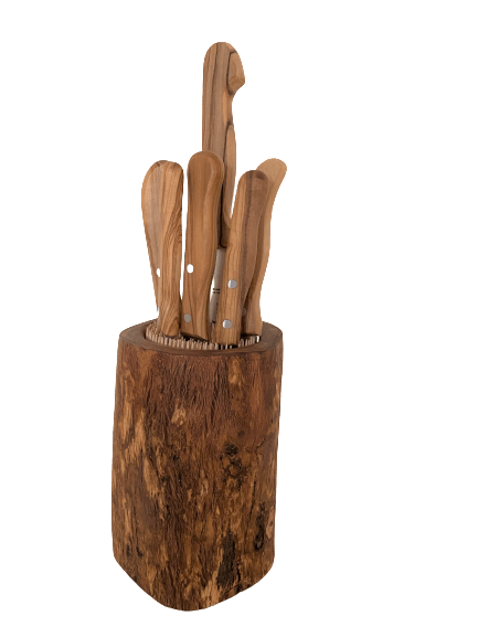 Messerblock aus Olivenholz mit Holzspießen