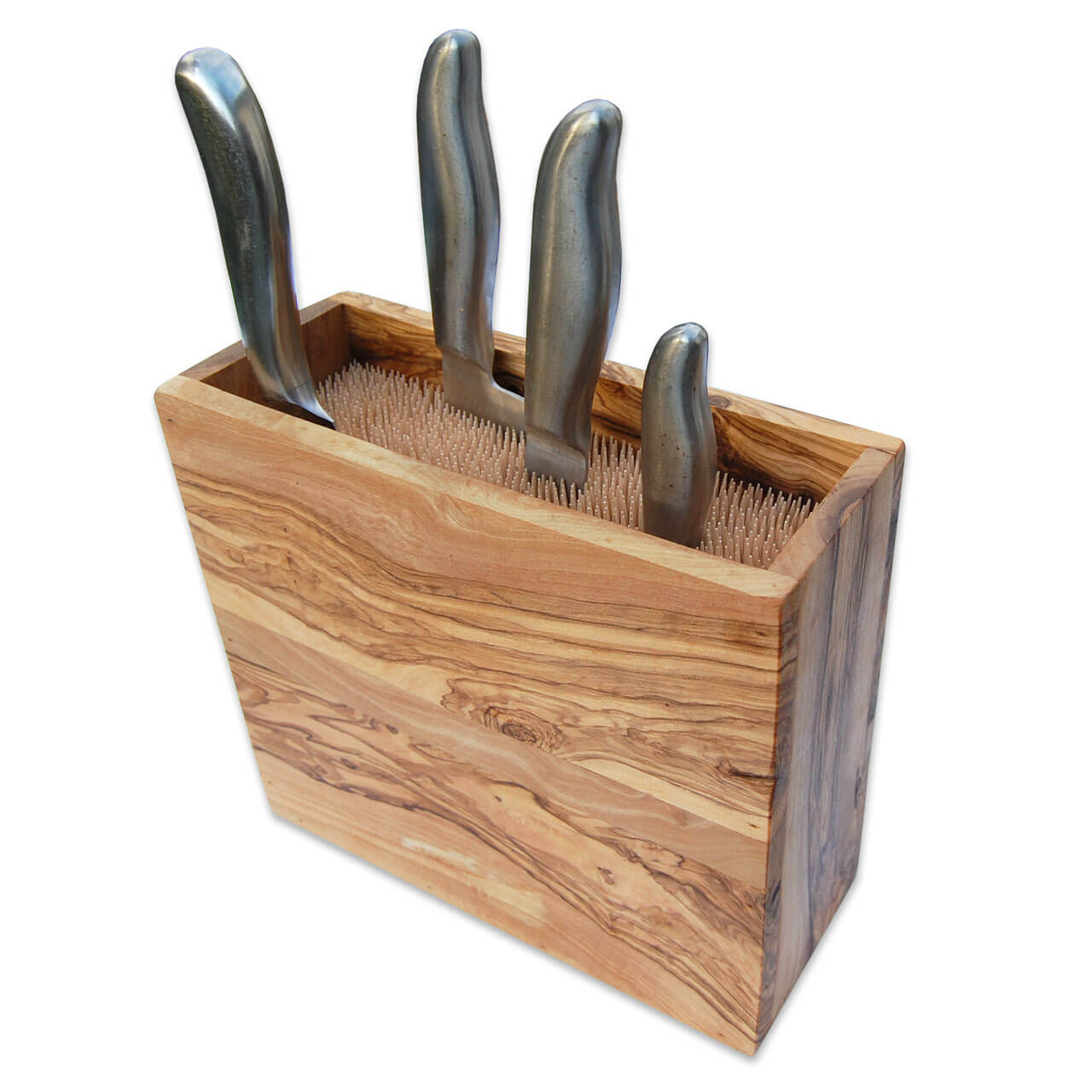 Rechteckiger Messerblock aus Olivenholz mit Holzspießen und Messern