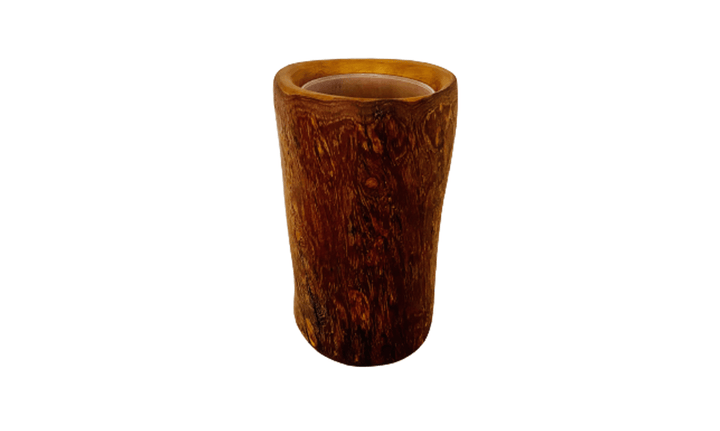 Rustikale Blumenvase aus Olivenholz mit Kunststoffeinsatz