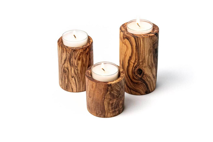 Teelichthalter aus Olivenholz 3-er Set mit Teelichtern
