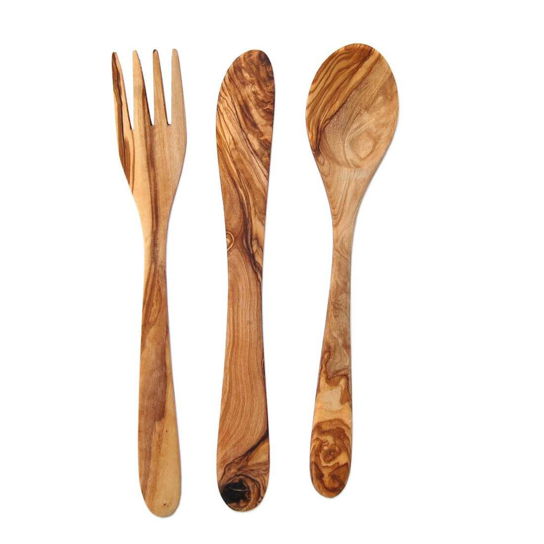 Essbesteck-Set aus Olivenholz 3-tlg. mit Messer, Gabel und Buttermesser