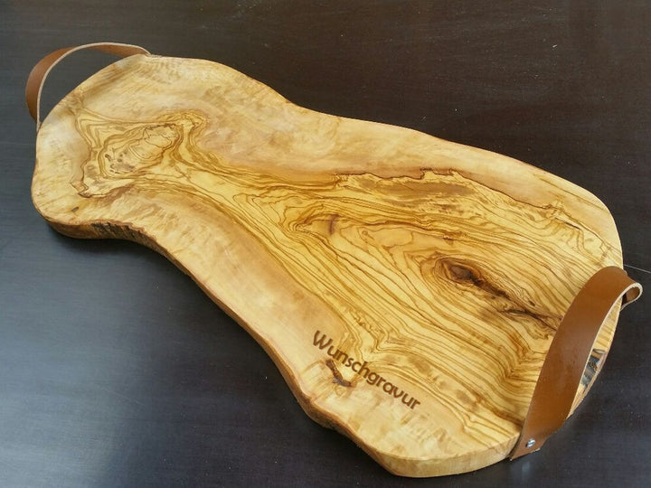 Servierbrett aus Olivenholz mit Ledergriffen mit Gravur